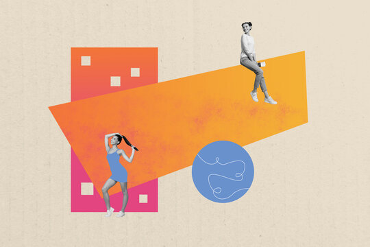 Creative poster banner 3d collage photo of two happy business girls stand geometric figure development statistics aim achievement