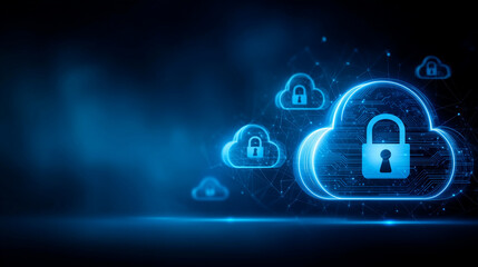 Floating glowing padlocks and cloud icons connected by digital lines in blue cyber background. Concept of cloud computing, data protection, and information security. Minimalist, hi