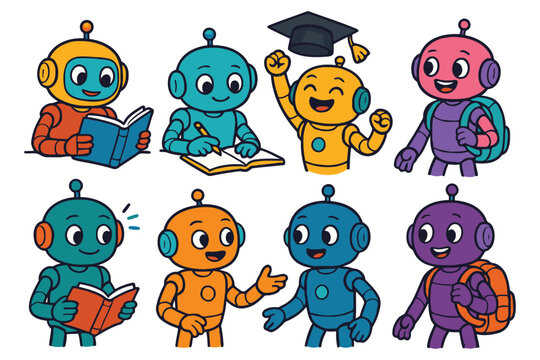 A collection of cute, colorful robots engaged in learning and school-related activities, showcasing different emotions and accessories.