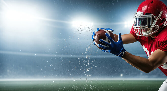 American football player in red uniform catching a wet football under stadium lights, showcasing athleticism and determination in a dynamic sports environment