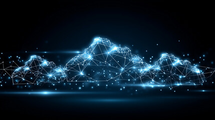 Digital background with cloud network connections, data transfer lines, and glowing database icons. Concept of cloud computing, data storage, and AI-driven technology. Minimalist h