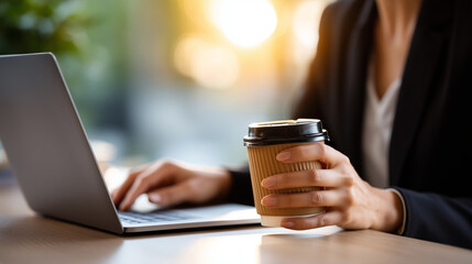 Professional businesswoman holding a takeaway coffee cup while typing on a laptop at a cozy home office desk, with morning sunlight streaming through the window. Concept of remote