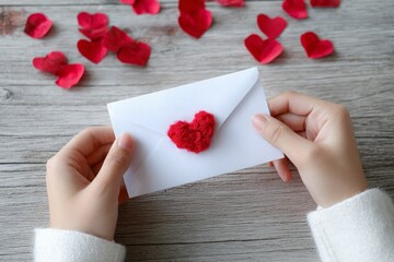 Female hands gently hold white envelope with red glitter heart, red hearts scattered on wood.