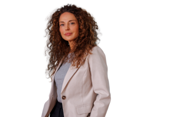 Confident businesswoman wearing a blazer, posing for a portrait, showcasing professionalism and success on a transparent background
