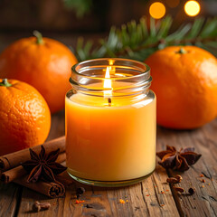 A lit candle in a glass jar surrounded by oranges and cinnamon sticks. The warm glow creates a cozy atmosphere, perfect for winter celebrations.
