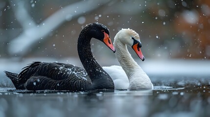 Black and white swans swimming together in winter lake with falling snow, creating romantic wildlife scene for nature photography and conservation themes.