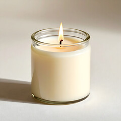 A lit candle in a glass jar emits a warm glow. The candle is white and the flame flickers gently. Ideal for holiday decorations and cozy settings.
