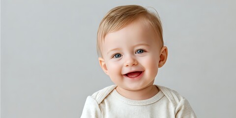 Naklejka premium Happy Caucasian baby with light brown hair smiling against neutral gray background, wearing cream-colored onesie.
