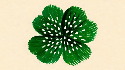 Vibrant green four-leaf clover with white spotted pattern on beige background, symbolizing luck and fortune for greeting cards and seasonal designs.