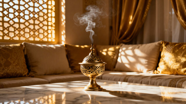 Luxury incense burner smoking in ornate majlis with geometric patterns, marble table and gold cushions