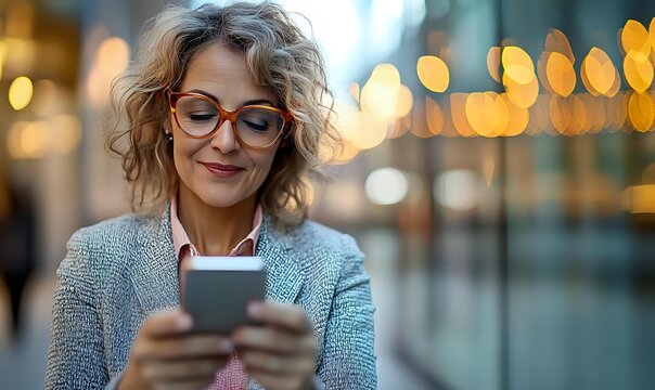 Middle-aged woman with curly hair and glasses smiling while using smartphone against blurred city lights background, conveying digital connection.