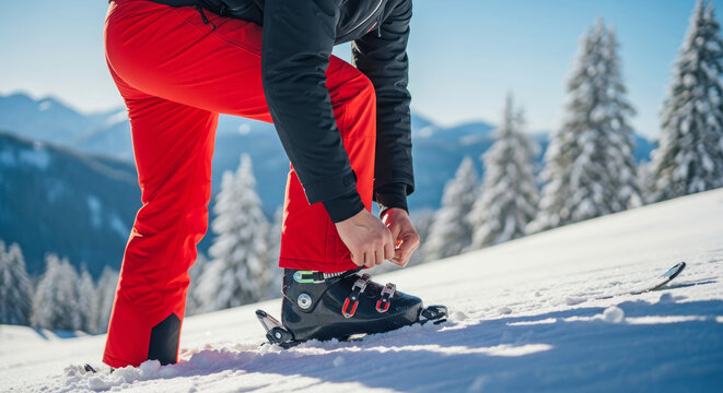 Skier adjusting boots on snowy mountain slope with pine trees and clear sky - Powered by Adobe