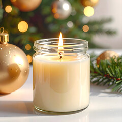 A lit candle in a glass jar sits on a table. In the background, a Christmas tree adorned with golden ornaments and a garland is visible. Soft, warm light creates a festive atmosphere.