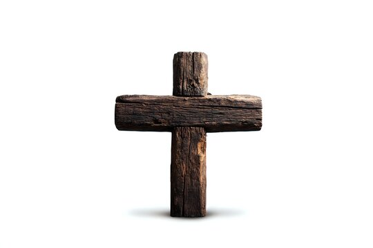 Rustic wooden cross made from weathered timber stands isolated on white background, symbolizing faith and spirituality.