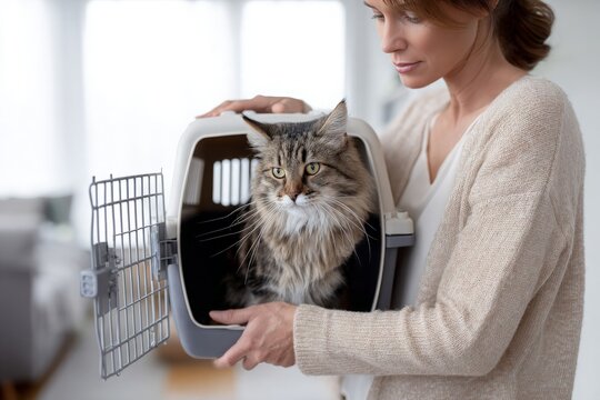 Woman carefully carries gray and white pet carrier, fluffy long-haired tabby cat with striking eyes sits inside, cat looks forward. - Powered by Adobe