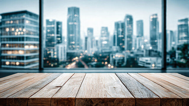 Premier plan avec table en bois, et arrière plan avec fenêtre et vue sur la ville floue pour mise en avant produit