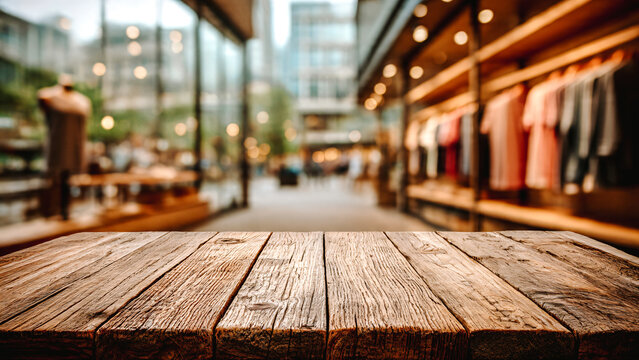 Premier plan avec planche bois et arri&egrave;re plan avec boutique, magasin de v&ecirc;tement, centre commercial