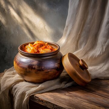 Earthenware onggi jar filled with kimchi, wooden lid, traditional Korean fermentation vessel, rustic table, natural light, culinary heritage