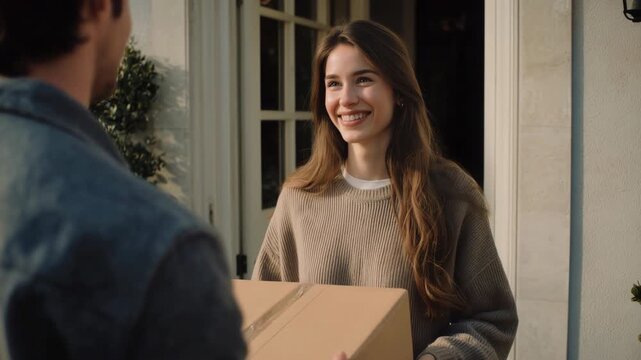 Cheerful beautiful woman smiling while receiving a cardboard box from a delivery man at her front door, representing convenient online shopping and reliable courier express shipping service