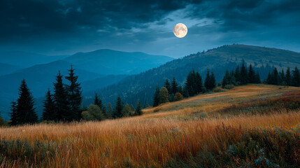 Meadow with tall grass on a mountaintop near a coniferous forest, illuminated by full moonlight at night.
