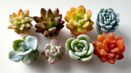 Collection of colorful succulent plants arranged in two rows, showcasing diverse shapes and vibrant hues from green and blue to orange and pink.