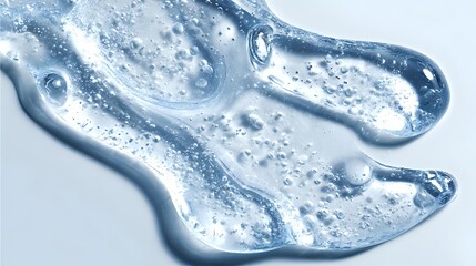 Transparent gel or liquid substance with bubbles and flowing shapes in blue tones, suitable for cosmetic product advertising.