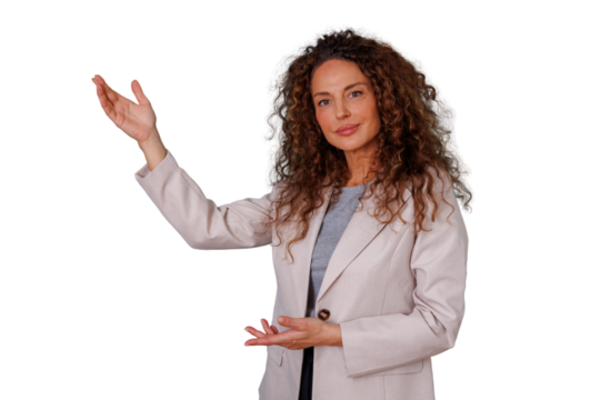 Business woman with curly hair presenting, gesturing and showing with open hands, explaining a concept or product. Transparent background