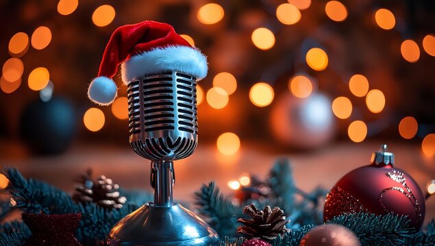 Vintage microphone with Santa hat surrounded by Christmas decorations against warm bokeh lights, perfect for holiday music events.