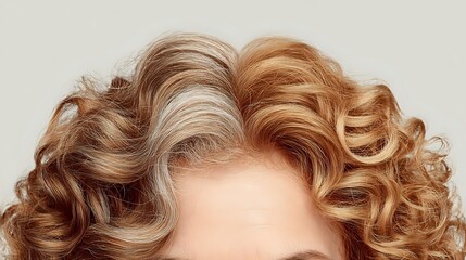 Fototapeta premium Luxurious curly hair with blonde and brown highlights on white background, showcasing natural waves and volume for hairstyle inspiration.