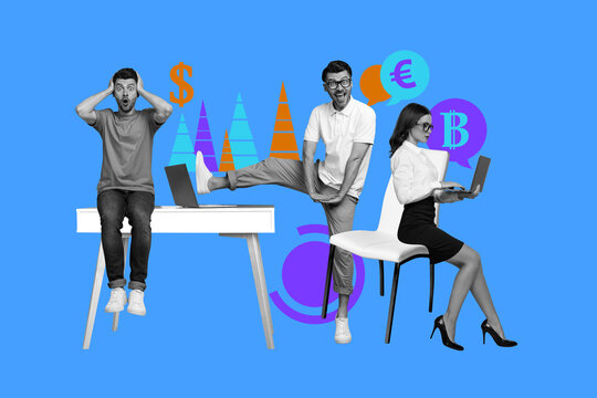 Creative design composite trend collage of team two young man lady sit armchair work laptop bitcoin dollar euro analyzing trader business