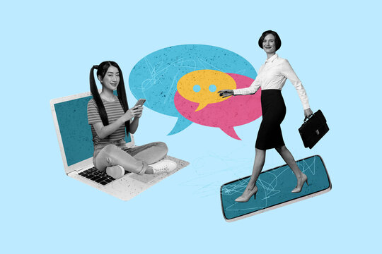 Trend artwork sketch design 3D collage of speech sticker mind balloon thought business young woman walk lady sit laptop type smartphone