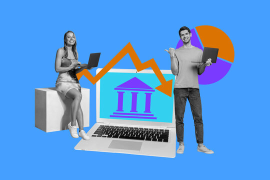 Poster sketch image 3D photo collage of ebank laptop arrow graphics young lady man smile coworking goal business target analyzing success - Powered by Adobe