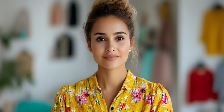 Young woman with natural makeup wearing bright yellow floral blouse smiling at camera in fashion retail environment with colorful clothing display in background.