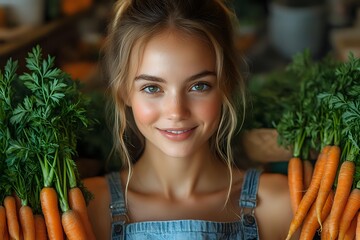 Young blonde woman in denim overalls holding fresh carrots with green tops, smiling in natural light with blurred kitchen background.