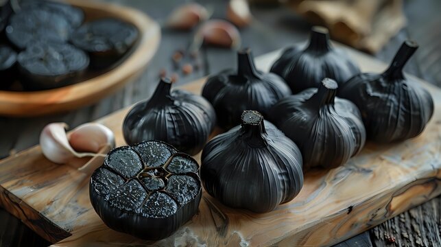 Black fermented garlic bulbs and cloves on rustic wooden board, natural superfood with antioxidant properties for culinary and health uses.