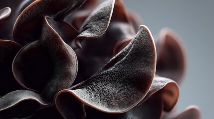 Rich chocolate curls with smooth texture and glossy finish, creating elegant decorative elements for gourmet desserts and confectionery presentations.