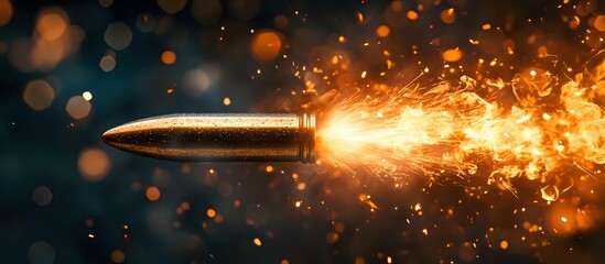 Flying bullet with fiery trail and sparks against dark background, dramatic lighting creates powerful impact visualization.