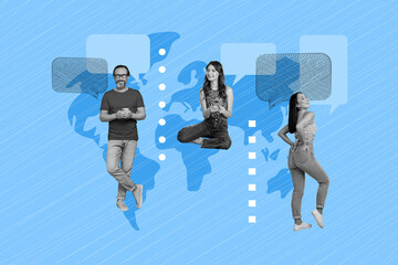 Poster trend sketch template 3D photo collage of speech box cloud aged man two young woman connection worldwide type phone teamwork remote