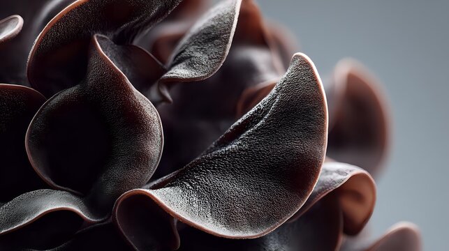 Rich chocolate curls with smooth texture and glossy finish, creating elegant decorative elements for gourmet desserts and confectionery presentations.