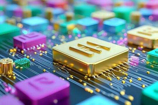 Colorful microchips on circuit board with central gold processor, representing advanced computing technology for digital innovation and AI development.
