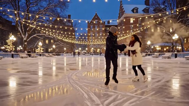 evening outdoor ice rink couple skating under twinkling string lights in snow-dusted city square, hand-holding and laughing while gliding across reflective ice, wearing warm coats and cozy scarves,