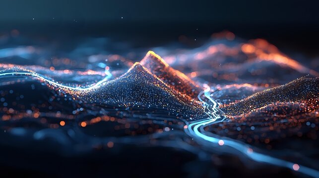 Abstract digital landscape with glowing mountains and luminous river flowing through valley, creating futuristic terrain with particle effects against dark background.