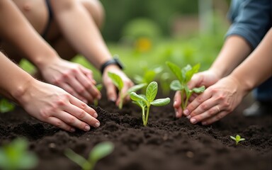 A group of hands are seen tending to seedlings in the soil, indicating a collective effort in gardening, with focus shown on the teamwork and nurturing of young plants. High quality