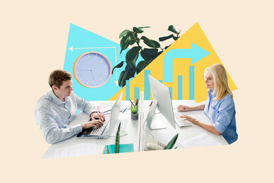 3D photo collage template trend artwork sketch of colleagues young man ahed woman work computer work time manager business human resources