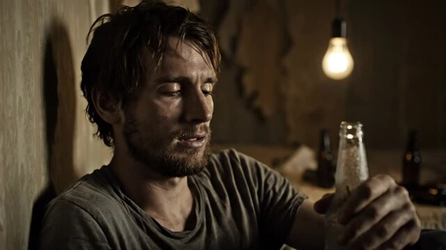 Depressed man sits in a dimly lit room with a beer bottle looking somber and lost in thought