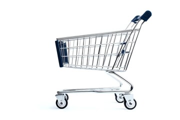 Empty metal shopping cart isolated on white background, representing retail, commerce, and consumer purchasing behavior.