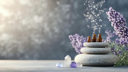 Aromatherapy wellness concept with essential oil bottles on balanced stones, lavender flowers and healing crystals against soft bokeh background.
