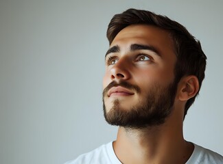 Naklejka premium Young bearded man with thoughtful expression looking up against neutral background, wearing white t-shirt. Concept of hope, inspiration, and contemplation.