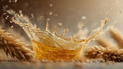 Golden liquid splash creating crown-shaped wave with droplets against blurred wheat ears background, ideal for beverage advertising.