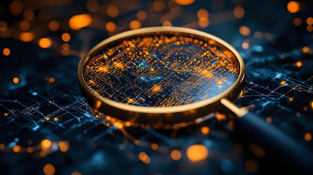 Magnifying glass on circuit board with glowing orange lights creating futuristic technology concept for digital investigation or data analysis.